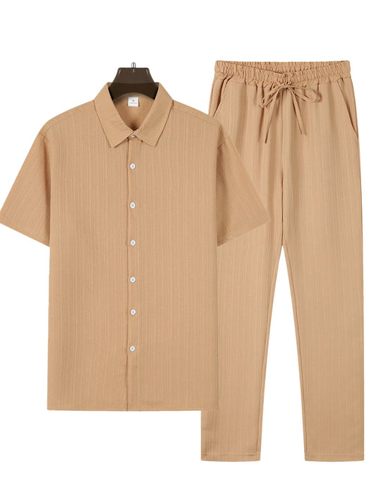 Men’s Solid Color Striped Shirt & Shorts Set – Casual Summer Beachwear Co - ord - Dazzy