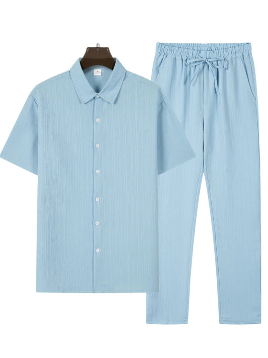Men’s Solid Color Striped Shirt & Shorts Set – Casual Summer Beachwear Co - ord - Dazzy