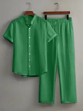 Men’s Striped Waffle Shirt & Lapel Suit Set – Short Sleeve Summer Casual Two - Piece Outfit - Dazzy