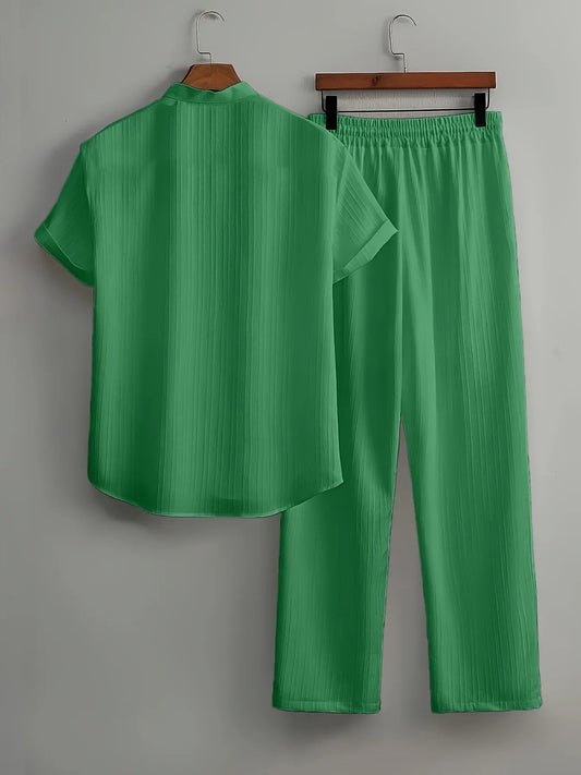 Men’s Striped Waffle Shirt & Lapel Suit Set – Short Sleeve Summer Casual Two - Piece Outfit - Dazzy